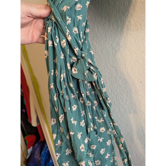 Billabong Teal Green Floral Off Shoulder Wrap Dress Puff Sleeve Rayon Womens L - Picture 13 of 16